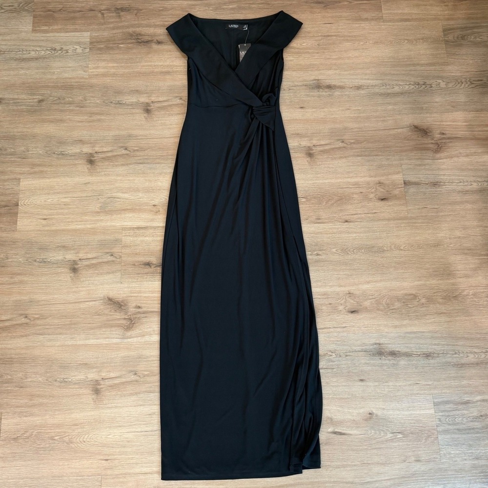 Lauren Ralph Lauren Black Off-the-Shoulder Side Knot Maxi Gown Dress 4 NWT Glam